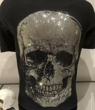 Load image into Gallery viewer, Black T-Shirt with Large Gold and Black Rhinestone Skull