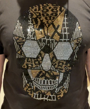 Load image into Gallery viewer, Sparkling Rhinestone Black & Gold Skeleton Head Iron On Transfer