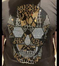 Load image into Gallery viewer, Sparkling Rhinestone Black & Gold Skeleton Head Iron On Transfer