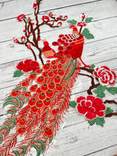 Load image into Gallery viewer, Large Bright Red Embroidered and Lace Peacock Applique  Patch