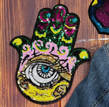 Load image into Gallery viewer, Khamsa Hamsa Hand of Fatima Sequin Eye Applique Patch
