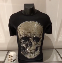Load image into Gallery viewer, Black T-Shirt with Large Gold and Black Rhinestone Skull