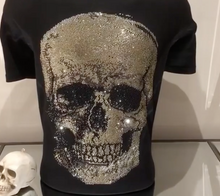 Load image into Gallery viewer, Black T-Shirt with Large Gold and Black Rhinestone Skull