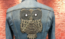 Load image into Gallery viewer, Large Owl Gold Thread on a Black Lace Backing Applique Patch