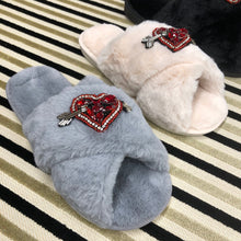 Load image into Gallery viewer, Women's Fluffy Slippers With Sparkly Embellished Arrow Heart
