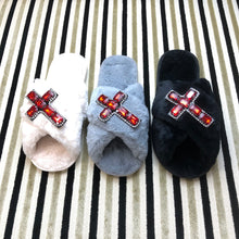 Load image into Gallery viewer, Women's Fluffy Slippers With Sparkly Embellished Cross