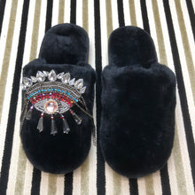 Load image into Gallery viewer, Women's Fluffy Slippers With Sparkly Embellished Eye and Beads