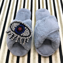 Load image into Gallery viewer, Women's Fluffy Slippers With Sparkly Embellished Crystal Eye