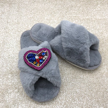 Load image into Gallery viewer, Women's Fluffy Slippers With Sparkly Embellished Colourful Heart