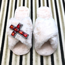 Load image into Gallery viewer, Women's Fluffy Slippers With Sparkly Embellished Cross