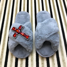 Load image into Gallery viewer, Women's Fluffy Slippers With Sparkly Embellished Cross