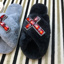 Load image into Gallery viewer, Women's Fluffy Slippers With Sparkly Embellished Cross