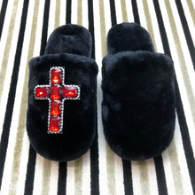 Load image into Gallery viewer, Women's Fluffy Slippers With Sparkly Embellished Cross