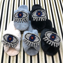 Load image into Gallery viewer, Women's Fluffy Slippers With Sparkly Embellished Crystal Eye