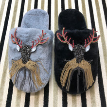 Load image into Gallery viewer, Women's Fluffy Slippers With Sparkly Embellished Deer
