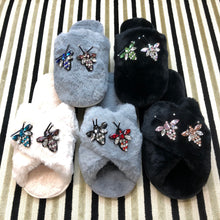 Load image into Gallery viewer, Women's Fluffy Slippers With Sparkly Embellished 2 little Bees