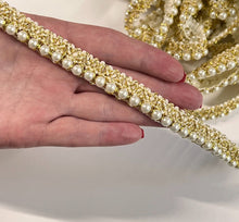 Load image into Gallery viewer, 13.5mm Wide Ivory Pearl Beaded Lustrous Lace Ribbon Gold Fringe