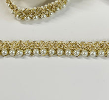 Load image into Gallery viewer, 13.5mm Wide Ivory Pearl Beaded Lustrous Lace Ribbon Gold Fringe