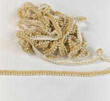 Load image into Gallery viewer, 13.5mm Wide Ivory Pearl Beaded Lustrous Lace Ribbon Gold Fringe