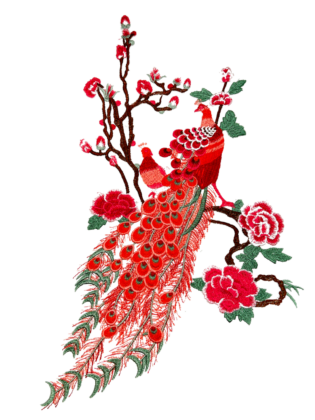 Large Bright Red Embroidered and Lace Peacock Applique  Patch