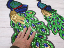 Load image into Gallery viewer, Large or Small Green Sequin Peacock Bird Applique Patch
