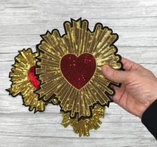 Load image into Gallery viewer, Large Red Sequin Love Heart Applique Patch  Surrounded in Gold or Silver
