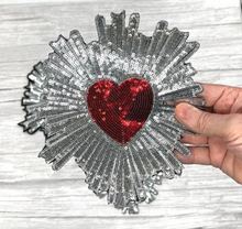 Load image into Gallery viewer, Large Red Sequin Love Heart Applique Patch  Surrounded in Gold or Silver
