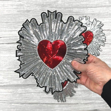 Load image into Gallery viewer, Large Red Sequin Love Heart Applique Patch  Surrounded in Gold or Silver
