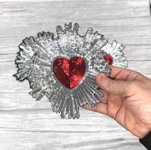 Load image into Gallery viewer, Large Red Sequin Love Heart Applique Patch  Surrounded in Gold or Silver
