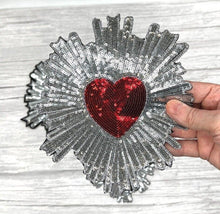 Load image into Gallery viewer, Large Red Sequin Love Heart Applique Patch  Surrounded in Gold or Silver
