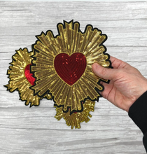 Load image into Gallery viewer, Large Red Sequin Love Heart Applique Patch  Surrounded in Gold or Silver
