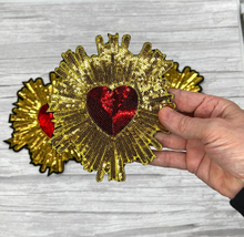 Load image into Gallery viewer, Large Red Sequin Love Heart Applique Patch  Surrounded in Gold or Silver
