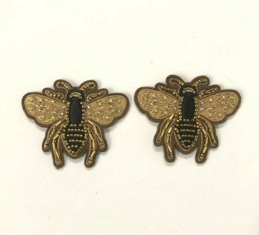 2 Large  Handmade Gold & Brown Coloured 3D  Beaded Bee Sew Patch