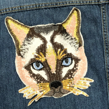 Load image into Gallery viewer, Large Sequin &amp; Embroidered  Cat  Head  Applique Patch
