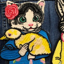 Load image into Gallery viewer, Large Colourful  Embroidered Cat &amp; Flower Applique Patch
