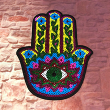 Load image into Gallery viewer, Khamsa Hamsa Hand of Fatima Sequin Eye Applique Patch
