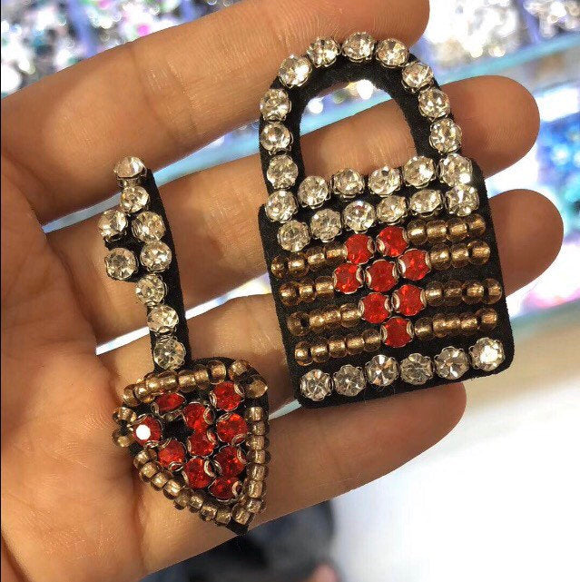 Embellished Sequin Heart Key Lock Applique Patch