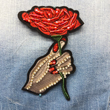 Load image into Gallery viewer, Red Rose Flower And Hand Crystal &amp; Sequin Applique Patch

