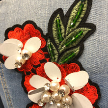 Load image into Gallery viewer, Large Red 3d Crystal &amp; Sequin Flower Appliqué Patch
