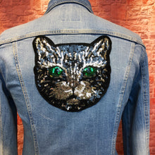 Load image into Gallery viewer, Gold And Silver Cat With Green Eyes Sequin Applique Patch
