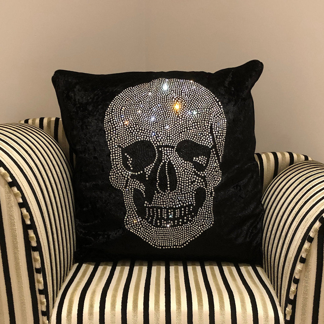 Dmc Rhinestone Crushed Velvet Skull Cushion Pillow