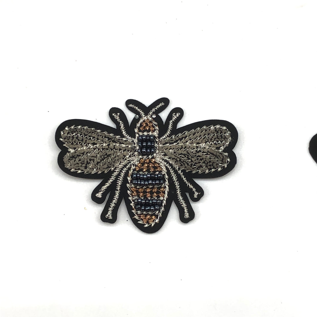 2 Large Designer Style Handmade Grey Coloured 3D  Beaded Bumble Bee  Patch
