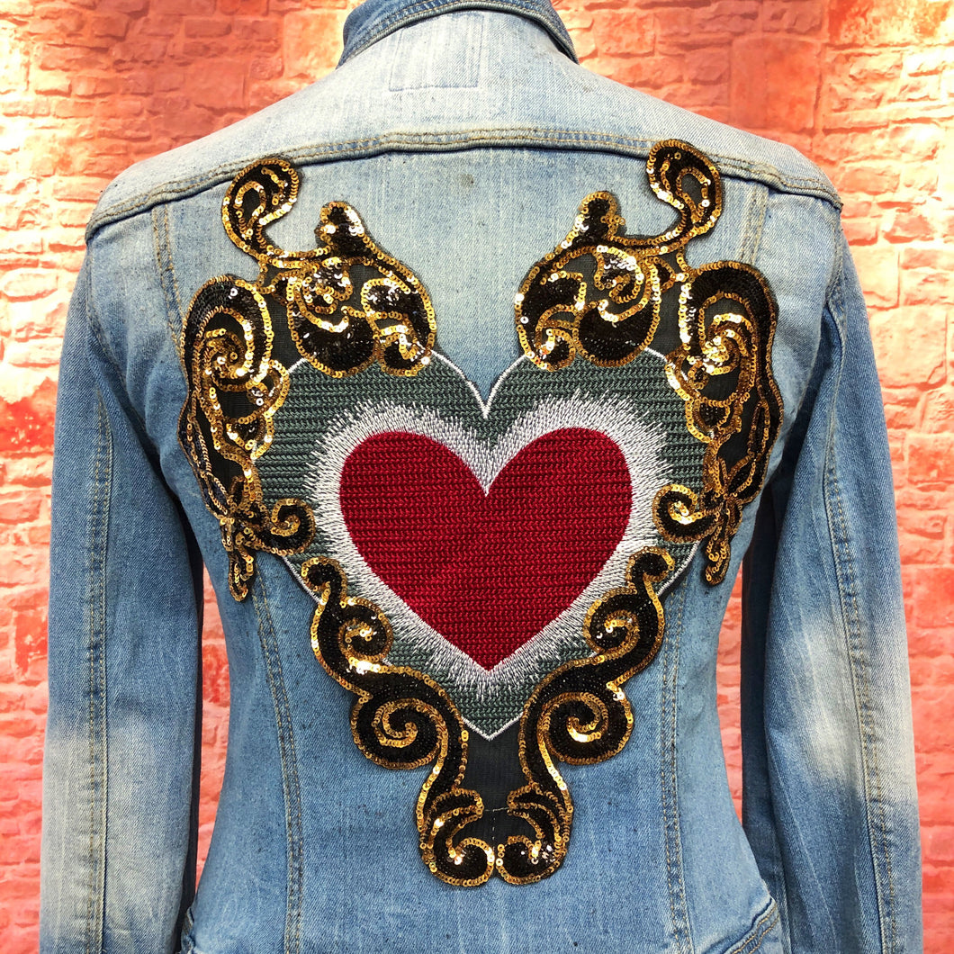 Extra Large Sequin Red Love Heart  Applique Patch  Surrounded In Gold