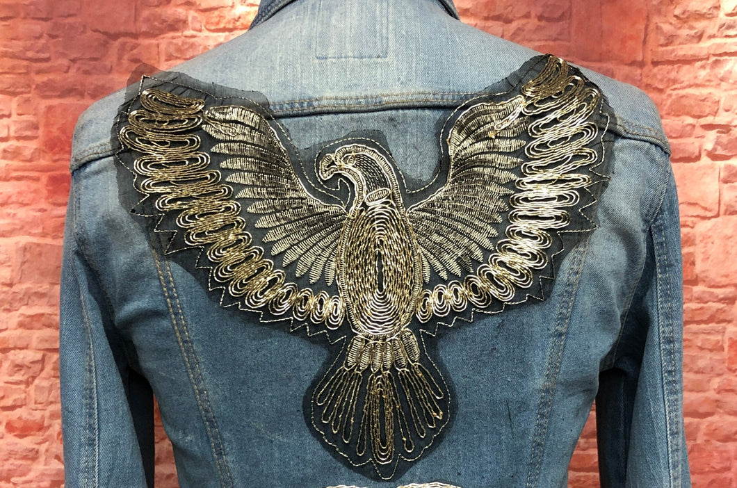 Large American Eagle With  Gold Thread on a Black Lace Backing Applique Patch
