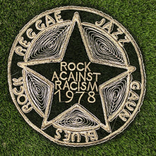 Load image into Gallery viewer, Large Rock Against Racism  Gold Thread On a Black Lace Backing Applique Patch
