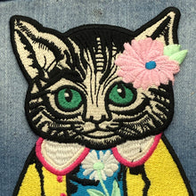 Load image into Gallery viewer, Large Colourful  Embroidered Cat &amp; Flower Applique Patch
