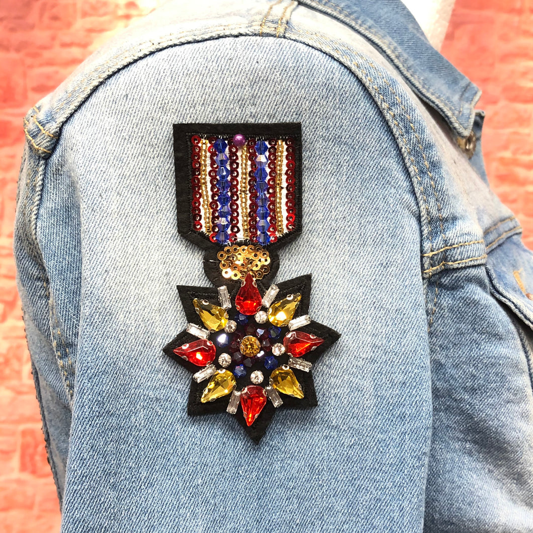 2 Handmade Beaded & Crystal Medal Applique Patch