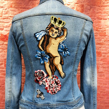 Load image into Gallery viewer, Large Cherub Embroidered Blue Flowers Tapestry Applique Patch
