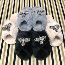 Load image into Gallery viewer, Women&#39;s  Fluffy Slippers With Sparkly Embellished Large Bee
