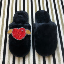 Load image into Gallery viewer, Women&#39;s  Fluffy Slippers With Sparkly Embellished Winged Heart
